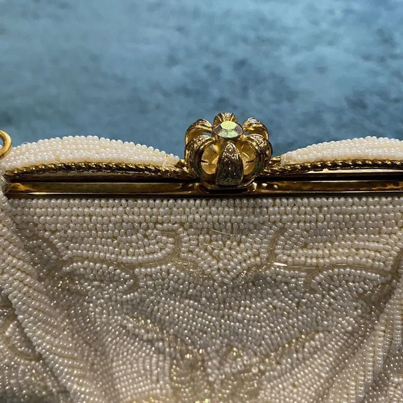 Vintage Women's Handbag Made In Japan Ivory White Italian Bead Purse Clasp - Picture 10 of 16